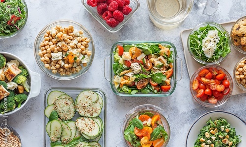 Delicious, healthy meal planning containers shot from above, salads, fruit. Make lunch easy with food prepping