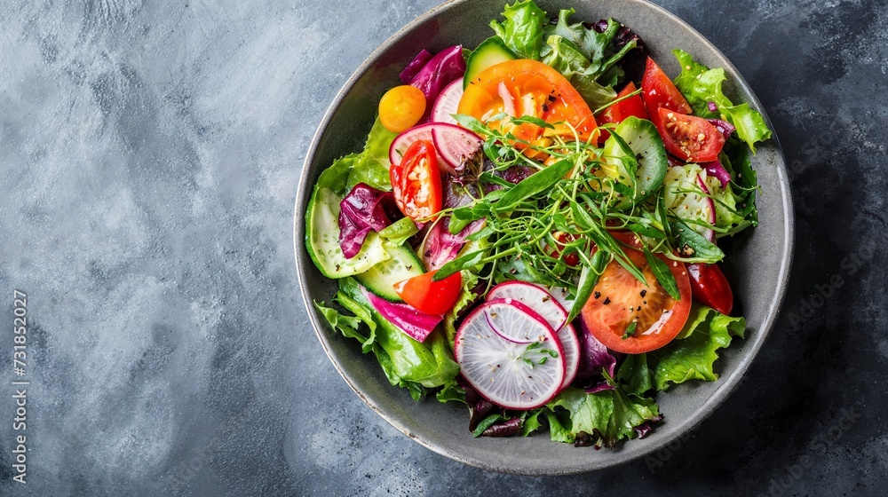 Delicious, healthy salad with fresh garden veggies, colorful radish, lettuce, tomato, in a bowl. Organic plant based meals. Delicious, healthy salad with fresh garden veggies, colorful radish, lettuce, tomato, in a bowl. Organic plant based meals.