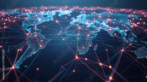 Fototapeta Naklejka Na Ścianę i Meble -  Futuristic digital world map depicting global connections, suitable for events related to technology, globalization, and communication.