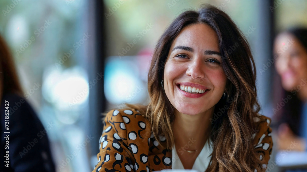 Obraz premium Professional hispanic 35, 40, woman looking at the camera and smiling with long hair and modern attire, with a soft focus background, happy in a work meeting, room for copy