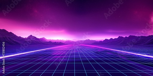 Futuristic synthwave-style landscape with neon grid, mountains, and a starry night sky in purple and pink hues, suitable for themed parties or as a creative background.