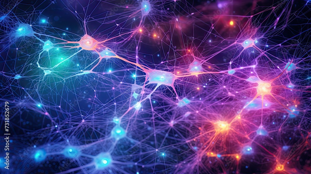 Multicolored neural connections. Abstract beautiful dots connected by lines and threads, the concept of consciousness, entanglement and modern technology. Brain work. AI generated Multicolored neural connections. Abstract beautiful dots connected by lines and threads, the concept of consciousness, entanglement and modern technology. Brain work. AI generated