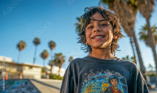 Happy hispanic skater kid boy 10 year old, in a skate park wearing cool, retro clothing, smiling at the camera in Southern California, dark tossed curly hair photo