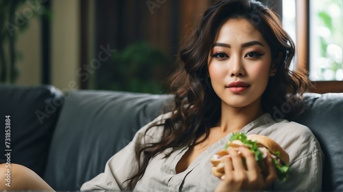 A beautiful asian woman relaxing on the sofa and eating a sandwich from Generative AI