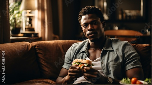 An handsome black african man relaxing on the sofa and eating a sandwich from Generative AI
