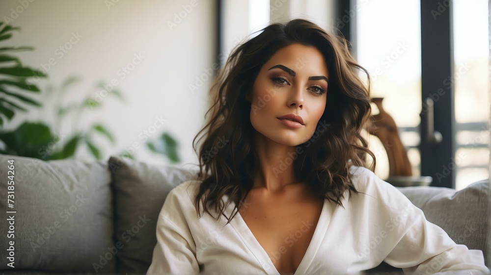 Portrait of a beautiful brunette woman relaxing on the sofa on a modern minimalist home from Generative AI Portrait of a beautiful brunette woman relaxing on the sofa on a modern minimalist home from Generative AI