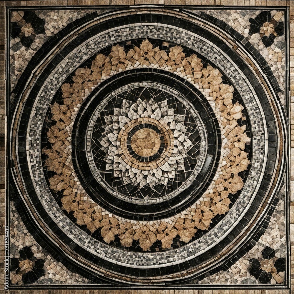detail of a mosaic of a mosque A mosaic tile medallion texture isolated on black background with ceramic, marble, and architecture  