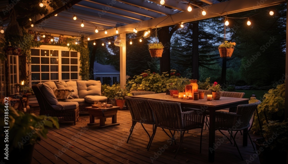 A Patio With a Table, Chairs, and Lights