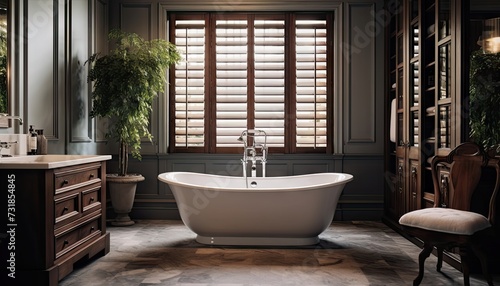 Luxurious Bathroom With Claw Foot Tub and Wooden Shutters