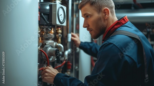 Professional plumber doing a boiler check. Generative AI.