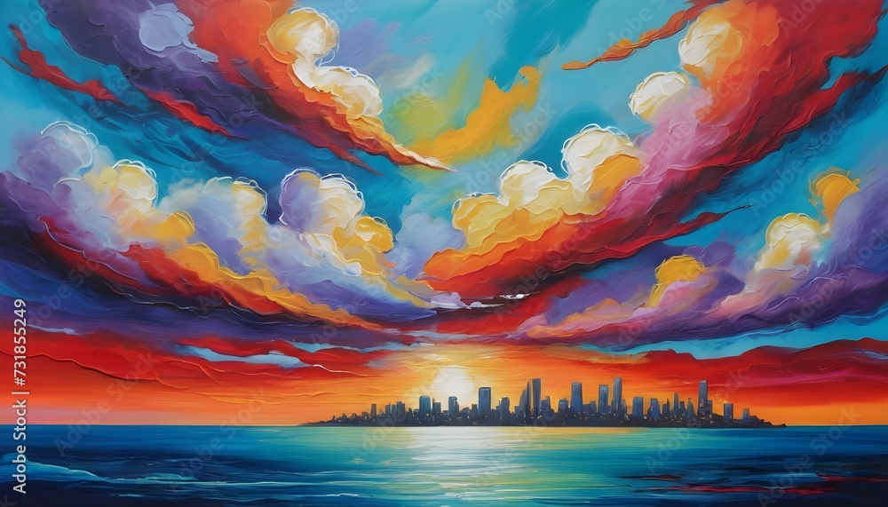 Abstract Skyline - Vibrant Acrylic Sea Painting with Whimsical Clouds