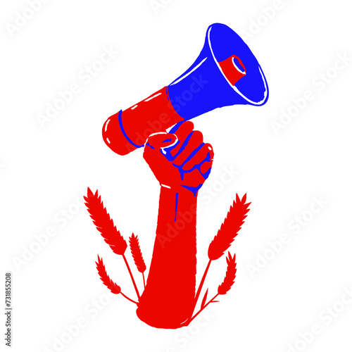 A red and blue hand holds a loudspeaker, there is wheat below. Concept of agricultural protest, farmers' opinion. Vector minimalistic hand drawn illustration