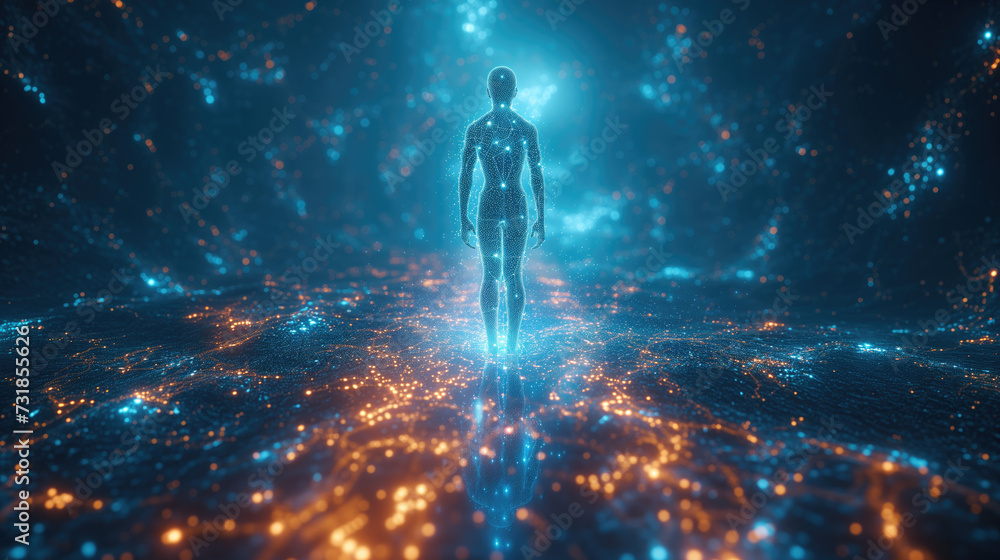 Fototapeta premium Abstract background technology concept in blue light human body treatment Future modern medical science technology and medical analysis, human DNA cloning