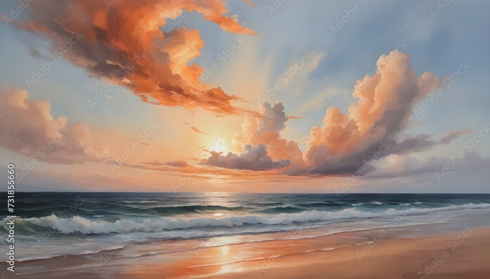 Calming Orange Oil Painting of Coastal Landscape with Clouds Over the Sea