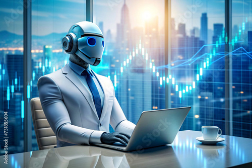 robot Business finance data analytics graph chart report, laptop 