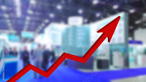 Red growing up large 3d arrow on abstract blur people in trade show background. conference expo centre. Venue for holding business. Financial and economic growth. crisis concept. Inflation.  increase