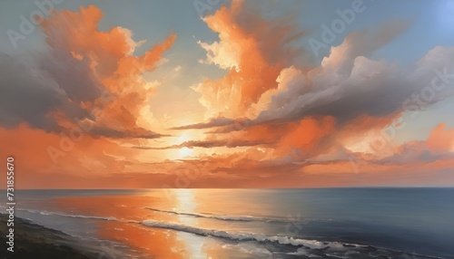 Tranquil Coastal Landscape in Vivid Orange and White Oil Paint