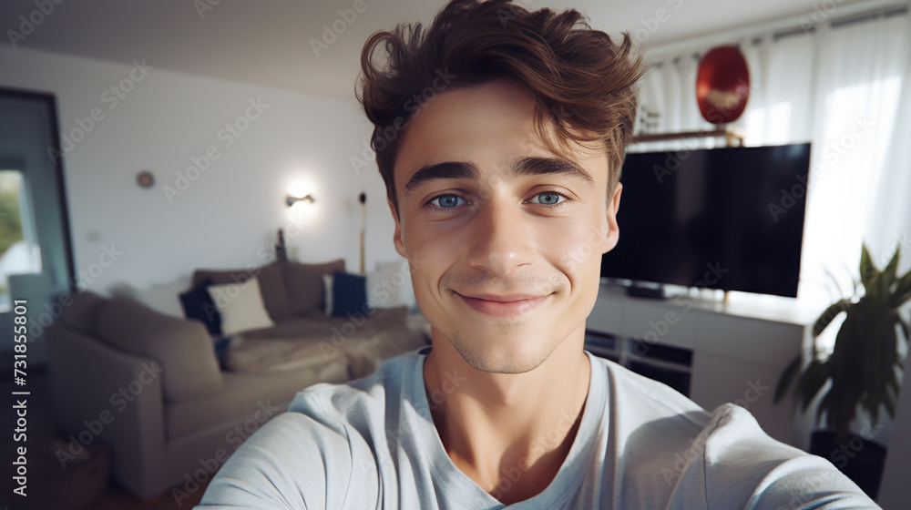 Selfie picture of a happy young man in the living room,indoor. Selfie picture of a happy young man in the living room,indoor.