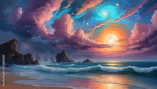 Cosmic Celestial Dreamscape - Digital Sea Painting with Celestial Clouds