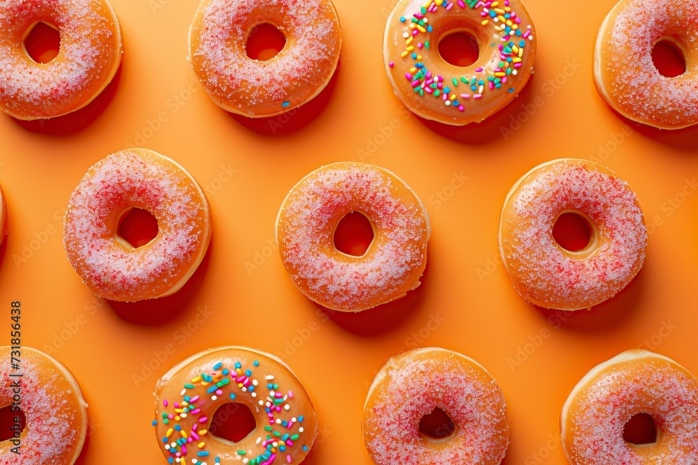 tray of donuts of different colors on an orange background tray of donuts of different colors on an orange background