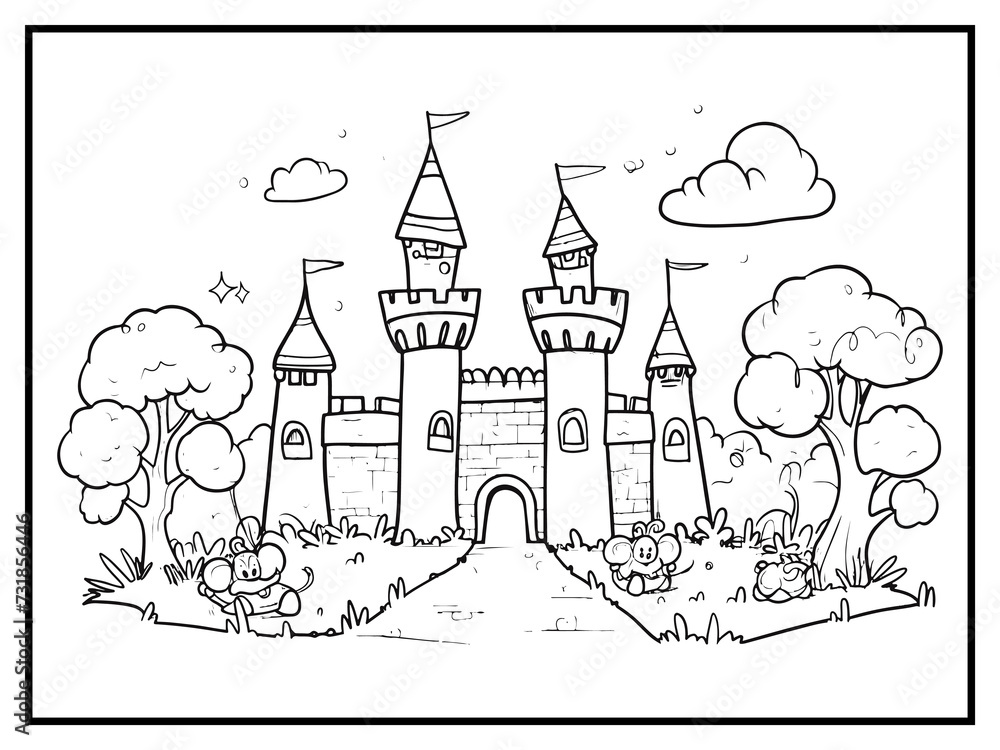 castle coloring page for kids hand drawn book illustration Stock Vector ...