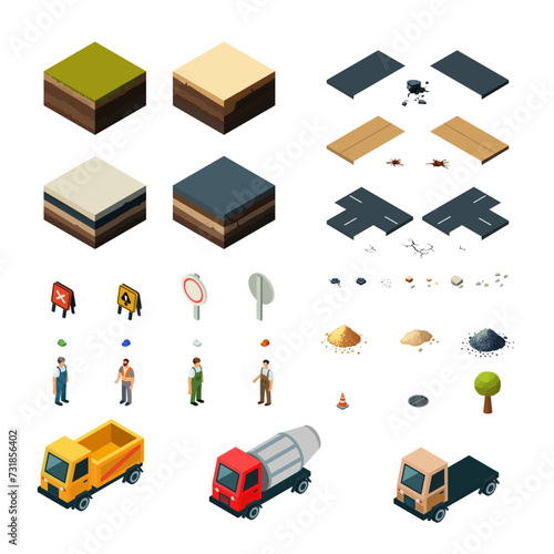Set of elements for updating a city road in isometric style. Comprehensive collection of isometric urban road revamp elements for modernizing city streets