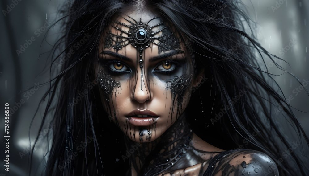 Obraz premium Portrait of a female woman warrior in tattoos..