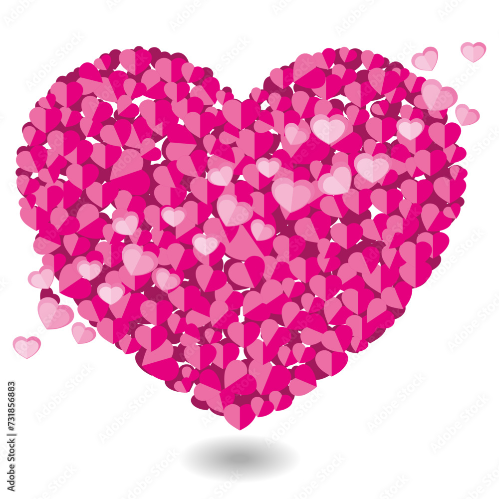A large three-dimensional heart is made of small pink hearts. Holiday card for Valentine's Day or wedding. Congratulatory card. Vector illustrations.