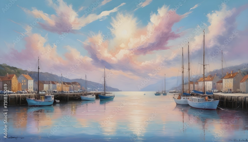 Serenity of the Harbor: A Soft Pastel Seascape with Delicate Clouds