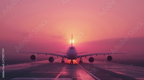 Airplane is taxiing to take off at the sunrise - retro colors photo