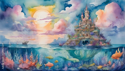 Mystical Mermaid Lagoon  A Watercolor Fantasy Seascape with Whimsical Clouds