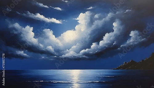Tranquil Seascape Painting with Majestic Midnight Blue and Silver Clouds