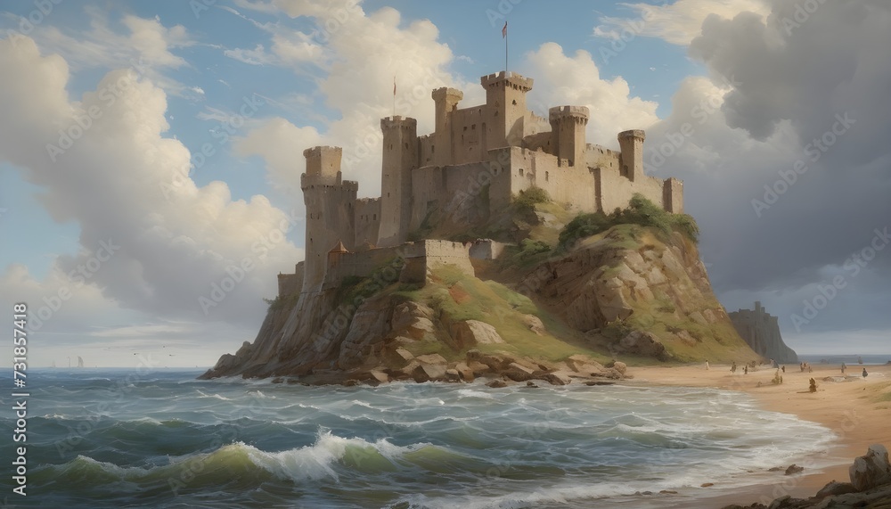 Majestic Medieval Fortress Standing Tall Against the Crashing Waves
