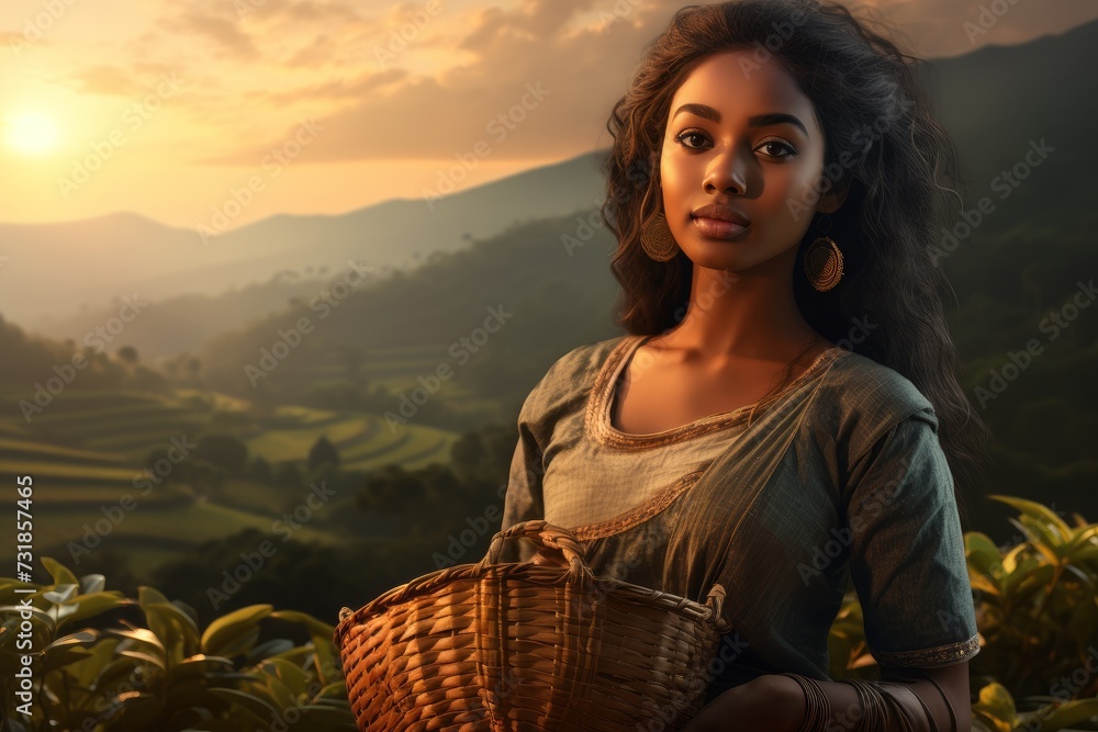 A young Asian woman in traditional attire collects tea leaves at a tea plantation at dawn. Tea leaf picker. A young Asian woman in traditional attire collects tea leaves at a tea plantation at dawn. Tea leaf picker.