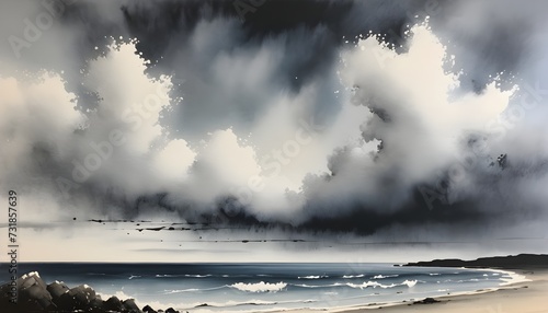 Nordic Coastal Retreat: Minimalist Ink Sea Painting with Nordic Clouds