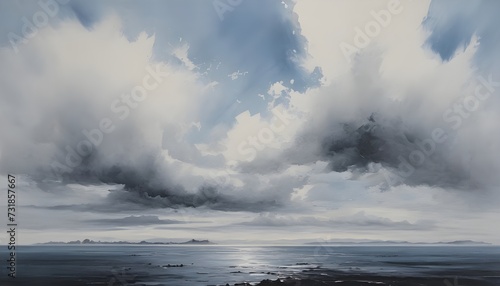 Nordic Coastal Retreat: Minimalist Ink Sea Painting with Nordic Clouds