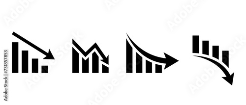 Decreasing graph icon set. Arrow going down sign symbol vector. Market crash concept photo