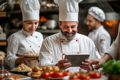 Professional Chefs Sharing a Joyful Moment While Reviewing a Recipe on a Tablet in a Commercial Kitchen, Culinary Collaboration Concept