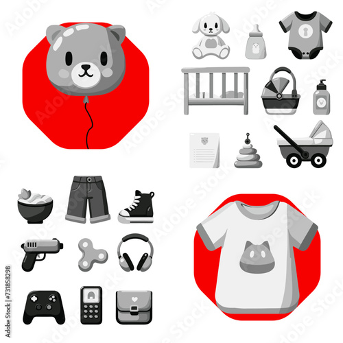 Set of goods for newborns and teenagers in monochrome. Extensive Selection of Goods Crafted to Fulfill the Unique Needs of Newborns and Teenagers