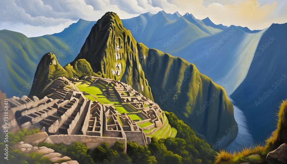 Machu Picchu Mountain Landscape Oil Painting - obrazy, fototapety, plakaty 