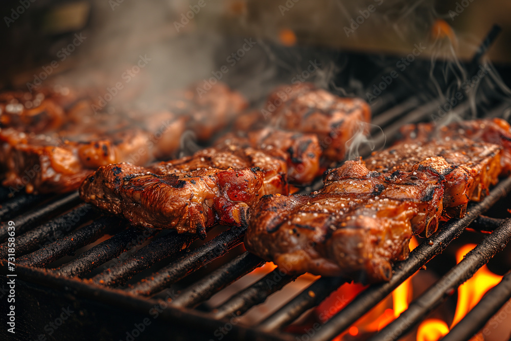 Meat ribs with smoke on a barbecue grill.