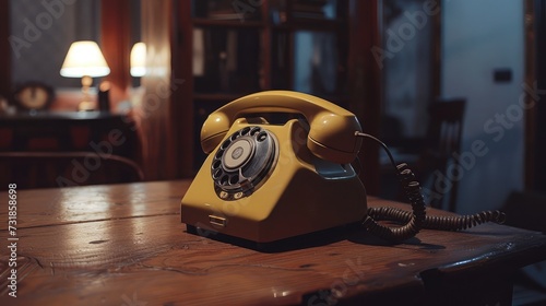 Retro rotary telephone on wood table