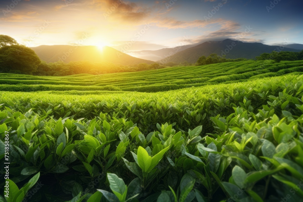 Green tea plantation at sunrise. The best time to pick the leaves. 