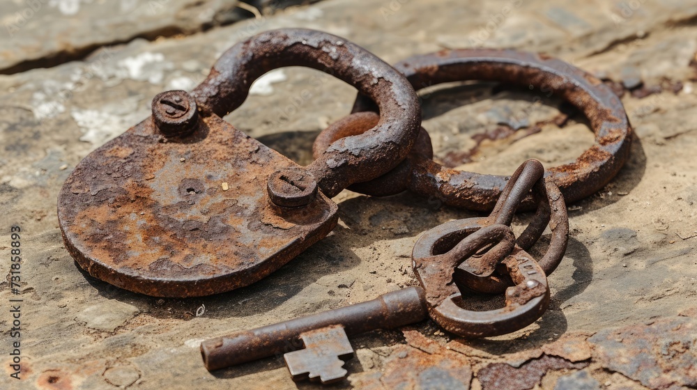 Rusty old shackles with padlock, key and open handcuff used for locking up prisoners or slaves