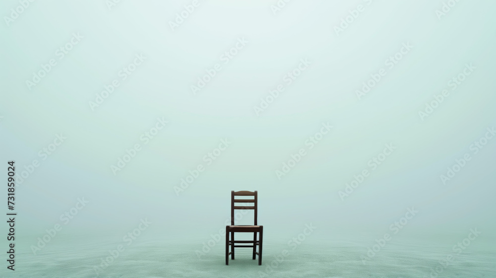 Solitary wooden chair in empty space. Minimalism and solitude concept. Background for wall art, digital content or meditation with copy space