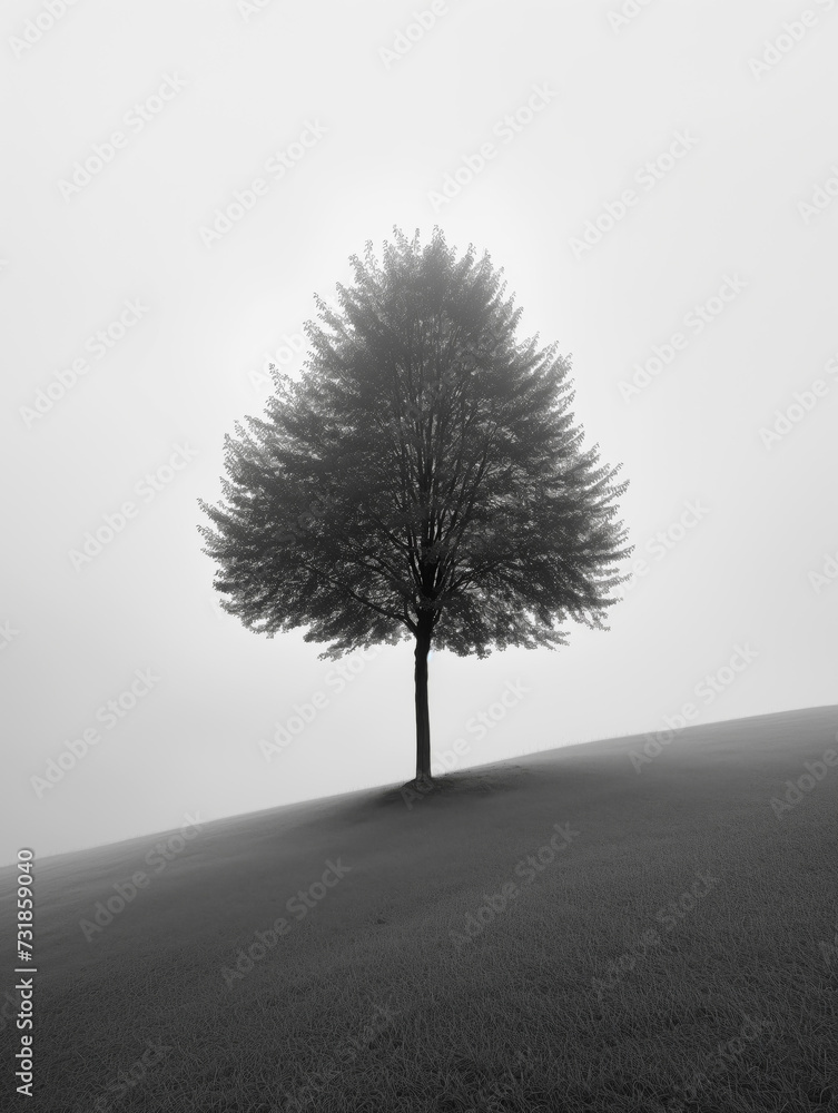 Obraz premium A solitary tree stands tall on a misty hill, its monochrome silhouette blending into the foggy landscape as it reaches for the sky