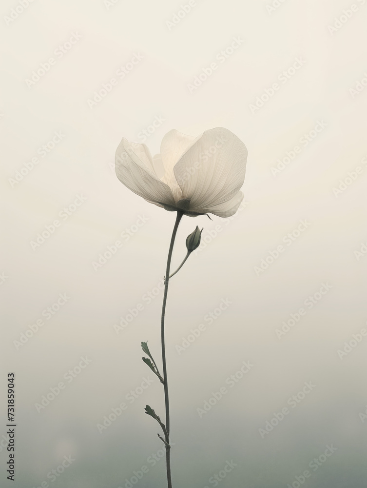 Fototapeta premium Delicate white flower in foggy background. Serenity and tranquility concept. Background for wall art, digital content or meditation