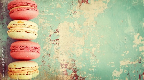 Sweet and colourful french macaroons on retro-vintage background photo