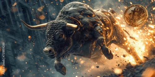 Digital art of a bull and a Bitcoin symbol in a cosmic explosion © ParinApril
