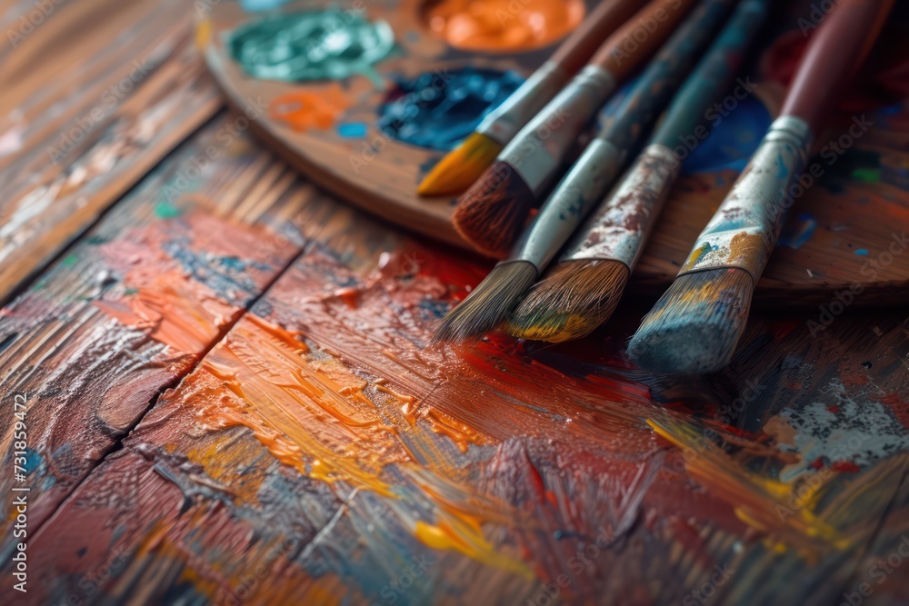 Artist's palette in oil paint and brush. Generative AI Artist's palette in oil paint and brush. Generative AI